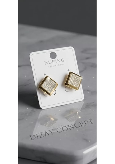 Xuping Kare Zirkon Taşlı Gold Renkli Bayan Küpe Altın