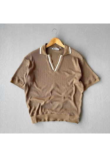 Polo Yaka Örme Triko T-shirt Kahverengi