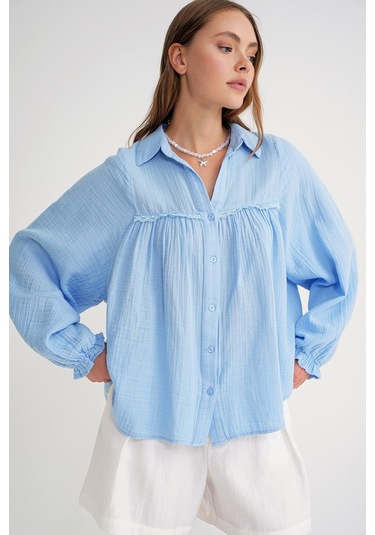 4677 Kadın Dantel Detaylı Müslin Gömlek Bebe Mavi Bebe Mavi
