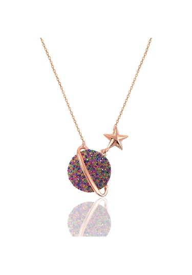 Gümüş Rose Renkli Taşlı Satürn Gezegen Kolye Barcode Gümüş - Rose Gold