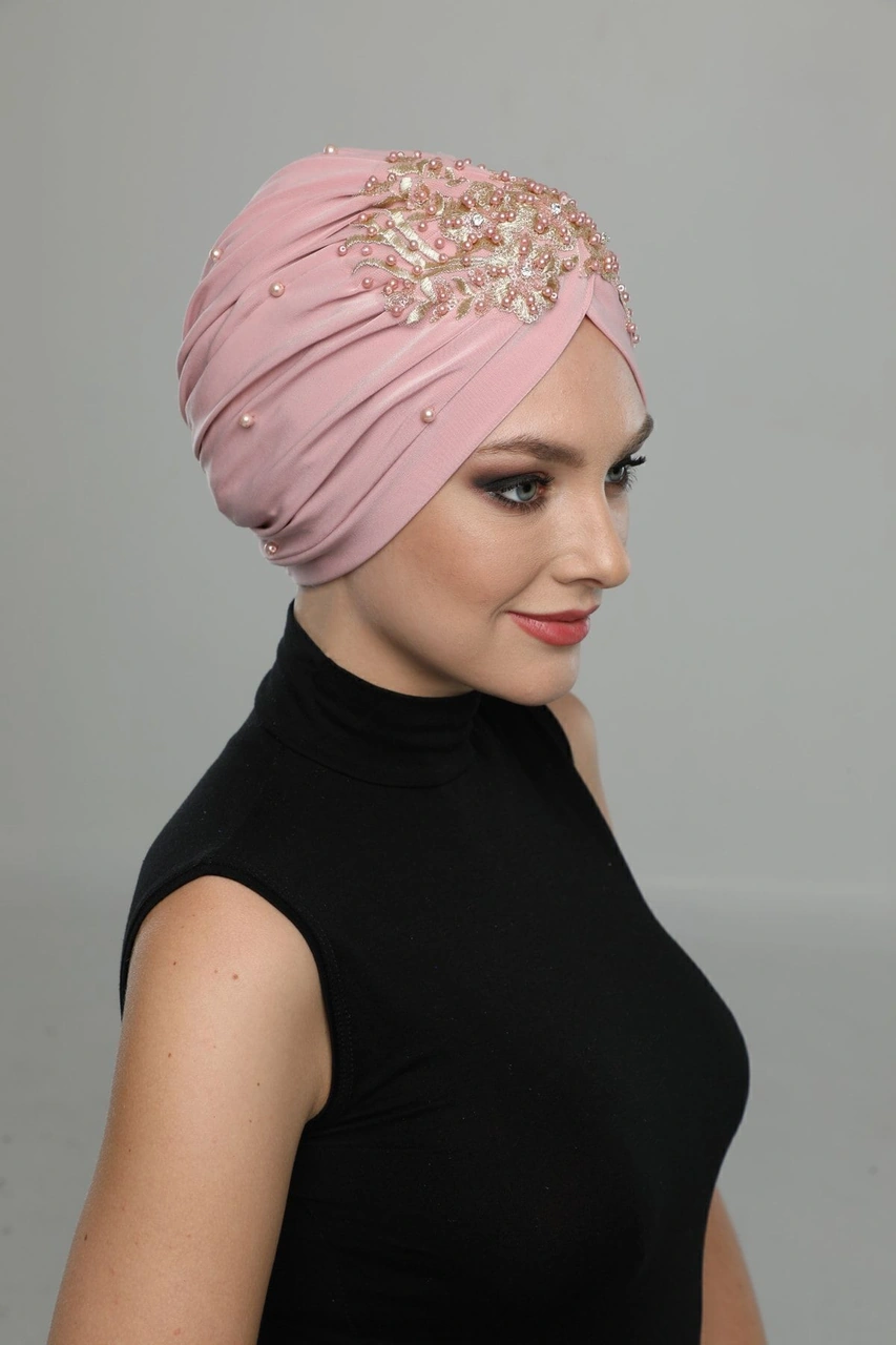 Kopma Astarlı Işlemeli Pudra Sırma Motifli Hazır Türban Tesettür Abiye Bone Pudra Sırma