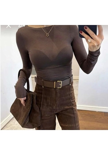 Pantofashion Kayık Yaka Modal Kaşmir Ultra Hafif Bluz Kahverengi