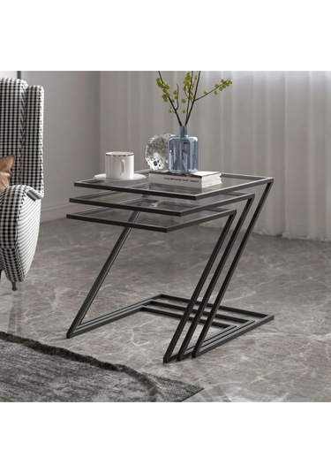 Misto Z Şekil Camlı Üçlü Zigon Sehpa Siyah