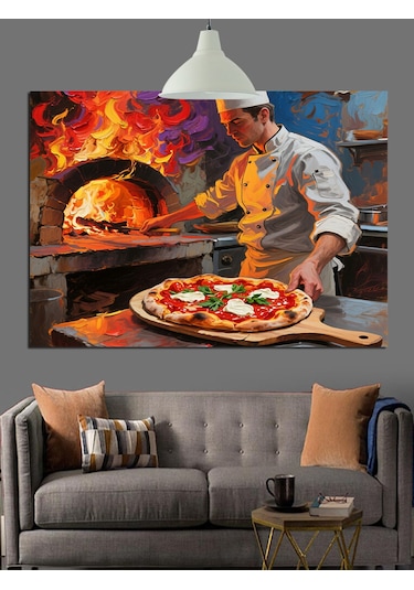 Odun Fırınında Pizza Ustası Dekoratif Kanvas - Mdf Ahşap Tablo