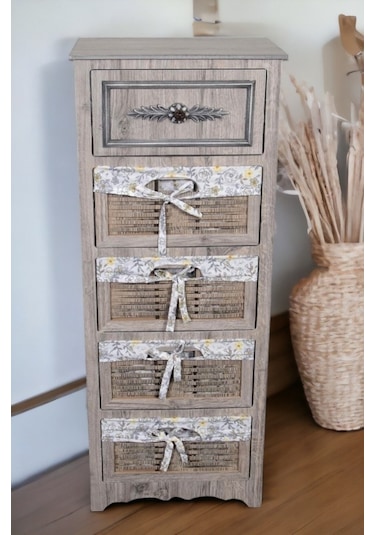 Ahşap 5 Çekmeceli Hasır Görünümlü Sebzelik Rustik