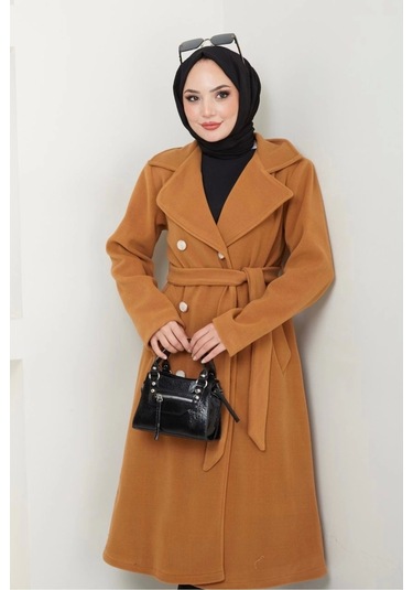 Kadın Polar Kaşe Uzun Kaban / M0107 - Camel Kahverengi
