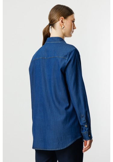 Ekol Kadın Büyük Beden Kelebek İşlemeli Gömlek 3502 Indigo İndigo