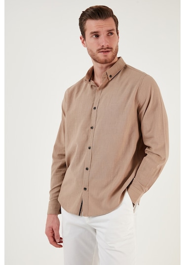 Buratti Pamuklu Regular Fit Düğmeli Yaka Erkek Gömlek Cf20S111871 Toprak