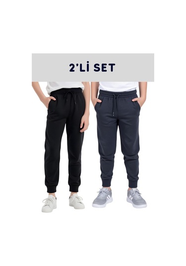 2'lü Düz Baskısız Jogger Çift Cepli Çocuk Eşofman Altı Siyah - Füme