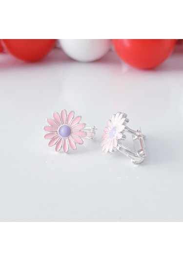 MAGRİB pembe ve mor renkli papatyalı gümüş çocuk küpesi