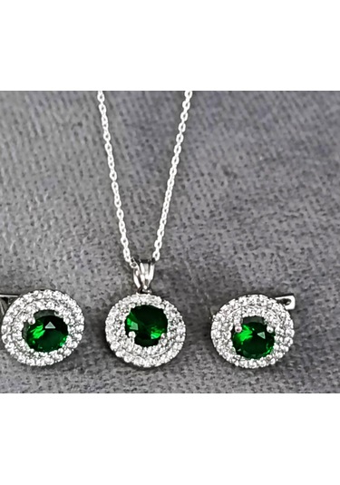 Lilahgümüştr Gümüş Yeşil Taşlı Yuvarlak Kadın Kolye Küpe