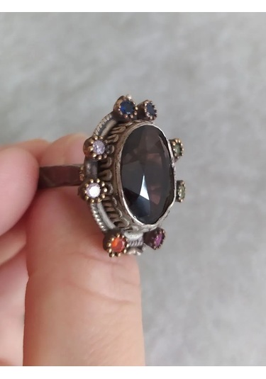 925 Gümüş Dumanlı Kuvars Yüzük 288 Siyah - Beyaz