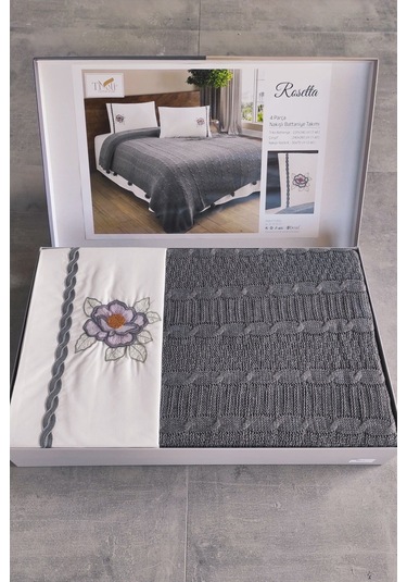 Triko Örme Nakışlı Çift Kişilik Battaniye Takımı Tivoli Rosetta Gri