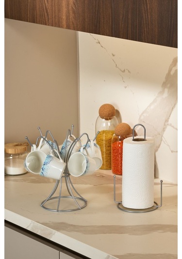 Edora Home 2'li Gümüş Mutfak Organizer Seti, Misketli Kağıt Havluluk Ve 6 Kancalı Bardaklık - Metal Paslanmaz