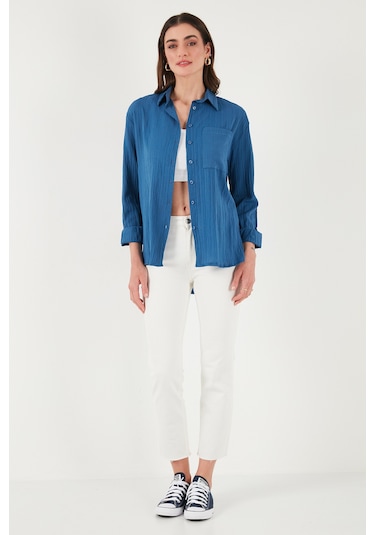 Lela Regular Fit Tek Cepli Önü Kısa Arkası Uzun Krinkıl Bayan Gömlek 6772752 Indigo