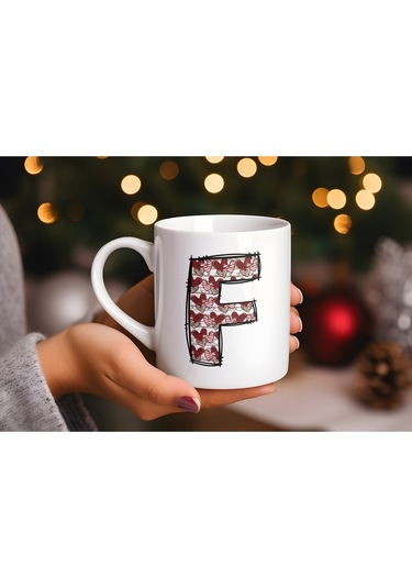F Harfi Aşk Temalı Kupa - Kalp Desenli Kişiye Özel Romantik Sevgililer Günü Kahve Kupası Beyaz