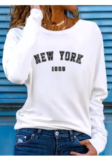 Kadın Uzun Kollu Bisiklet Yaka Yazı Baskılı Viskon Bluz Beyaz