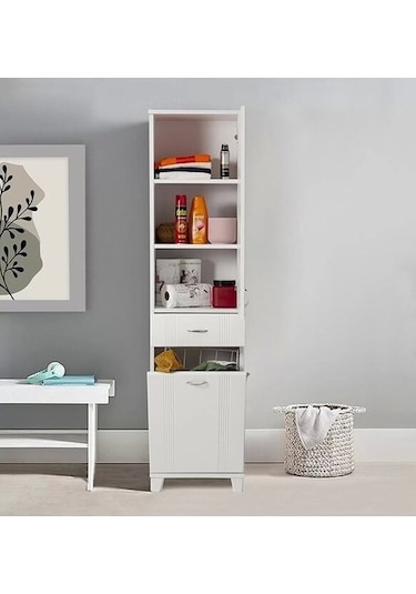 Banyo Ve Mutfak Boy Dolabı Çamaşır Sepetli Beyaz Çok Renkli