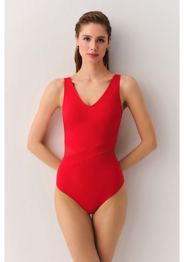 Suwen V Yaka Toparlayıcı Tüllü Mayo Sbn25370c082 Kırmızı