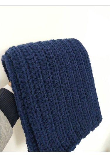 Kemzey Handmade El Örgüsü Atkı , Uzun Unisex Atkı Lacivert