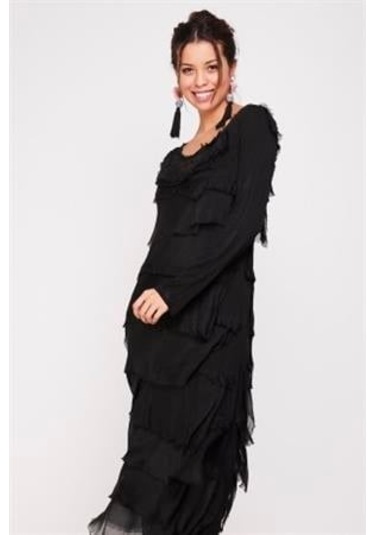 Italyan 2 Beden İnce Gösteren Kat Kat Uzun Kol Taşlanmış İpek Elbise-9189 Siyah