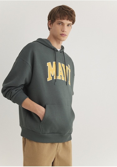Mavi - Mavi Logo Baskılı Kapüşonlu Yeşil Sweatshirt 067149-71598 Yeşil