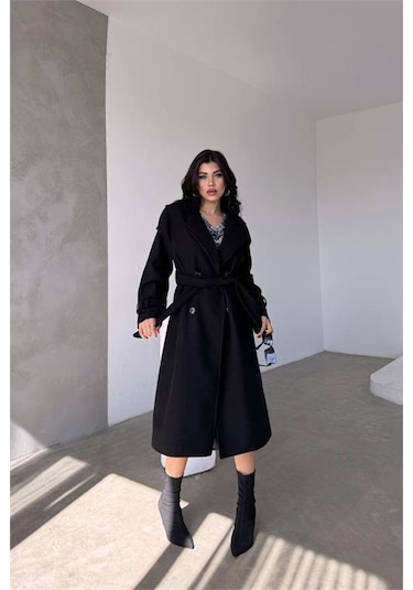 Neşeli Butik Kadın Siyah İthal Kumaş Kaşe Kaban Nbmylk26 Siyah