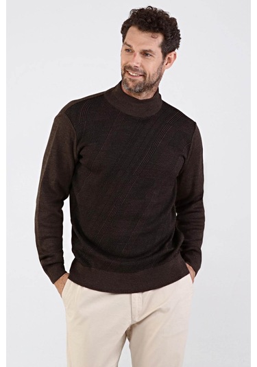 Çizgi Triko Erkek Çelik Örgü Yarım Balıkçı Triko Kazak 4609B Kahv Kahverengi