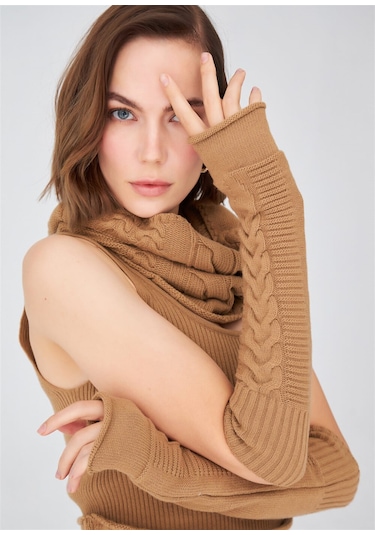 Peraluna Saç Örgü Desenli Uzun Kadın Triko Eldiven Camel Camel-Standart Camel