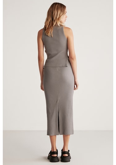 Ethıquet Lauren Kadın Slim Fit Fermuar Detaylı Midi Gri Etek