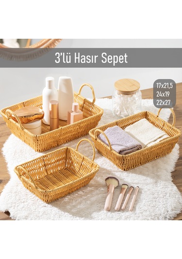 Porsima 301b 3lü Düzenleyici Dikdörtgen Hasır Sepet Seti Ekmeklik