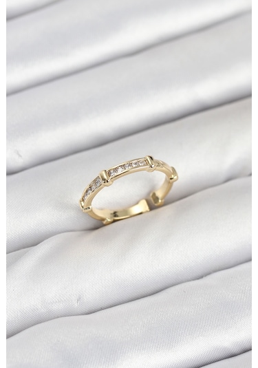 Pirinç Gold Renk Kemik Model Zirkon Taşlı Kadın Yüzük Beyaz