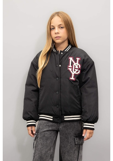 DeFacto Kız Çocuk Su İtici Kolej Yaka Çıtçıtlı Cepli Bomber Mont C5408A824AUBK27 Siyah