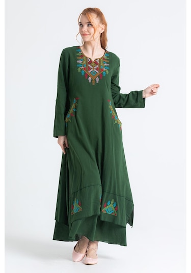 Uzun Kol Şile Bezi Nakışlı Antik Uzun Elbise Yeşil