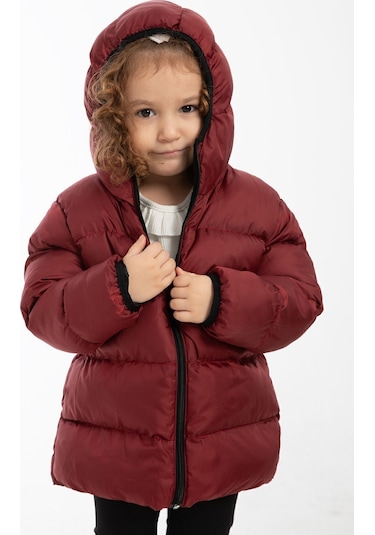 Kız Çocuk Bordo İçi Polarlı Kürklü Kapüşonlu Su Geçirmez Rüzgara Dayanıklı Şişme Kışlık Mont Kaban Bordo
