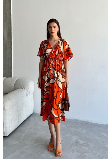 Kadın Turuncu Derin V Yaka Yazlık Uzun Önden Yırtmaçlı Viskon Elbise Turuncu