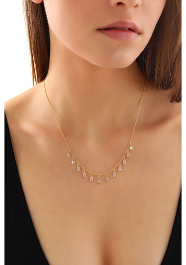 925 Ayar Gümüş Ful Damla Zirkon Taş Sallantılı Kolye Altın