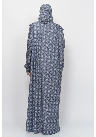 Pratik Tek Parça Güneş Desenli Kollu Tak Çıkar Başörtülü Likralı Tesettür Namaz Elbisesi 990-0302 Lacivert Antrasit