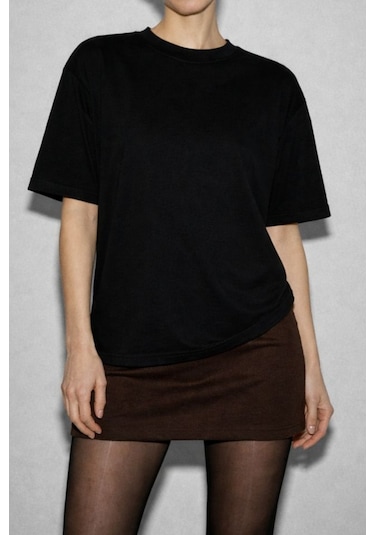 Soft&Basic Kadın %100 Organik Pamuk Oversize Fit Basic Yuvarlak Yaka T-shirt Siyah
