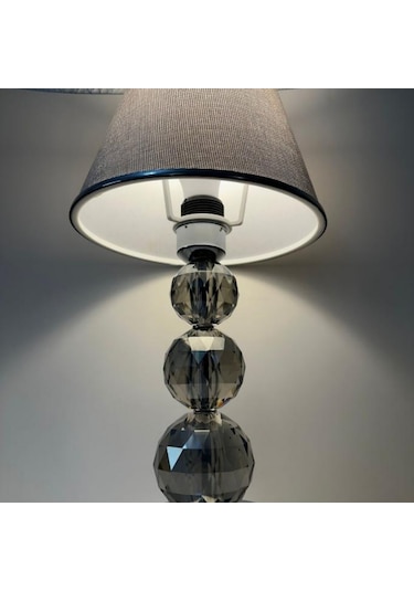 Mooncher Cam Gövdeli Krom Metal Abajur Gümüş Şeritli Gri Kumaş Başlık Gece Lambası Krom