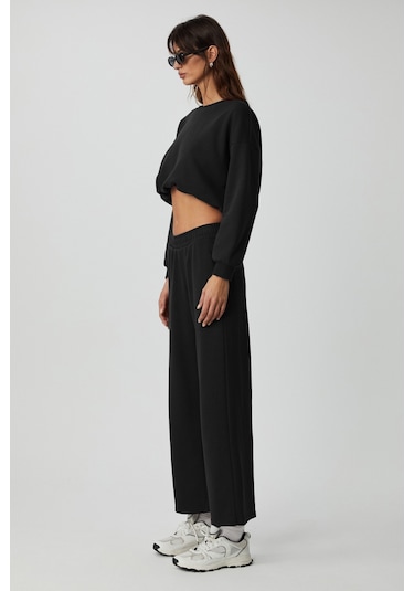 DEWANNA Kadın Uzun Kollu Crop Siyah Eşofman Takımı