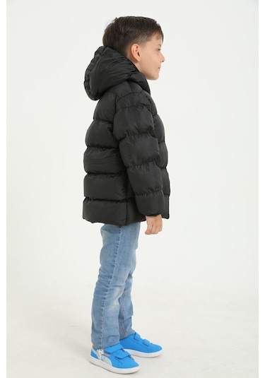 Freemen Erkek Çocuk Siyah Polarlı Kürklü Kapüşonlu Su Geçirmez Rüzgara Dayanıklı Şişme Kışlık Mont Siyah