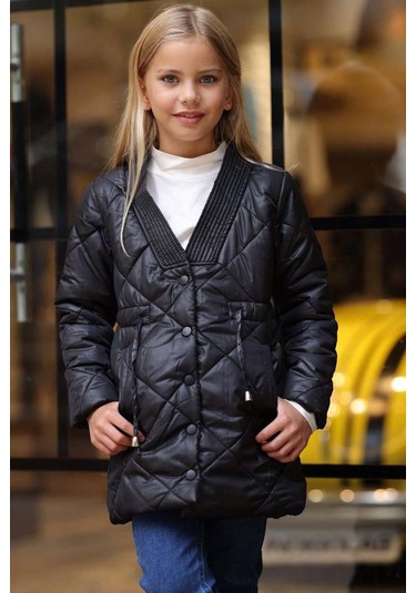 Riccotarz Kız Çocuk Yakası Şerit Ve Üzeri Kare Dikiş Detaylı Cepli Çıtçıt Düğme Şişme Siyah Mont Siyah