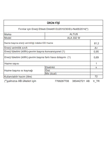 Altus Ala 332 W Ankastre Fırın Beyaz