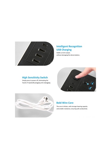 Youmex Eu Standart 220-240v 6 Soket + 3 Usb + 1 Type-c Farklı Anahtarlı Çok Fonksiyonlu Prizi, 2 Metre Kablolu, Siyah Beyaz