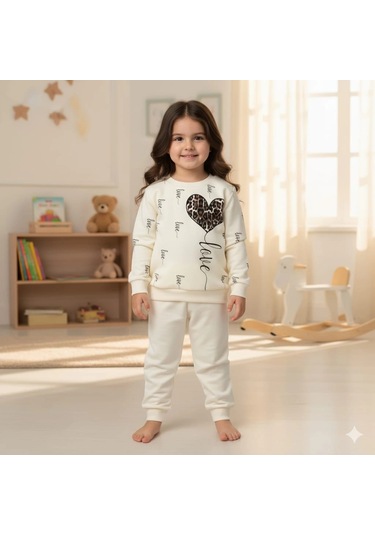 Kız Çocuk Leopar Desenli Kalp Baskılı Alt Üst İkili Gündelik Takım 1-4 Yaş Ekru