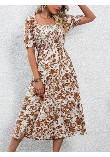 Kadın Kısa Kollu Kare Yakalı Lastikli Desenli Süprem Elbise Kahve