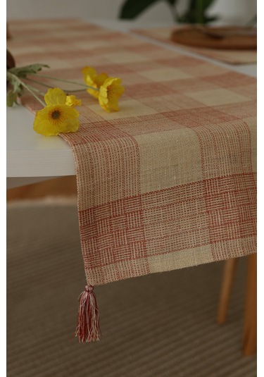Yakacihome Juta Kırmızı 5 Parça 4 Parça Amerikan Servis & 1 Parça Püsküllü Runner Jüt Kumaş Sofra Seti Kırmızı