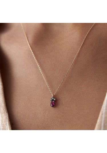 Pembe Taşlı Damla Kolye Sarı