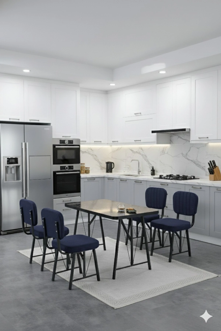 Elfin 70x110cm Sabit Siyah Yemek Masası, Yemek Masası Takımı, Mutfak Masası, 4 Lacivert Sandalye Lacivert